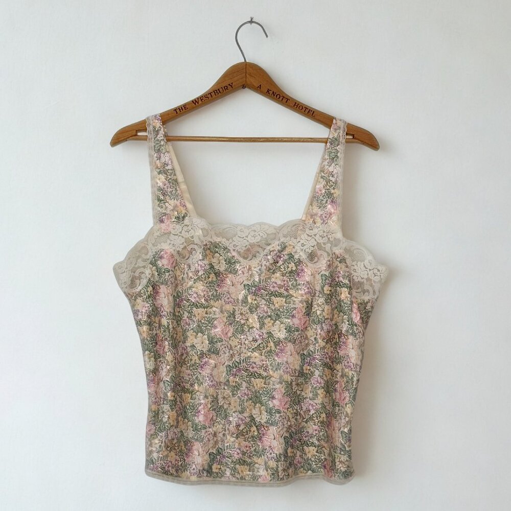 Vtg 80s Eaton Vanity Fair pastel floral lace lingerie camisole / sz XL